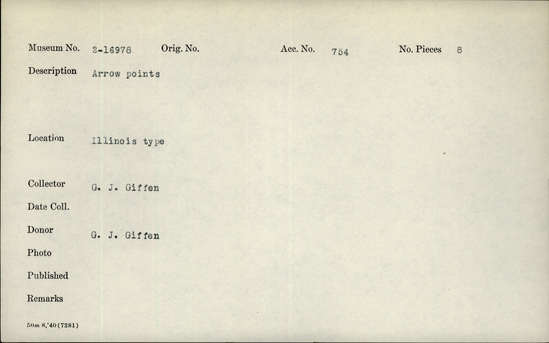 Documentation associated with Hearst Museum object titled Projectile points, accession number 2-16978, described as Arrow points