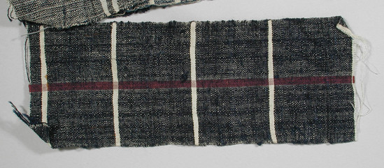 Hearst Museum object titled Textile fragment, accession number 5-11067, described as Textile sample (section of narrow band weaving): White waft with central deep rose stripe; navy weft (predominate) with five white stripes.