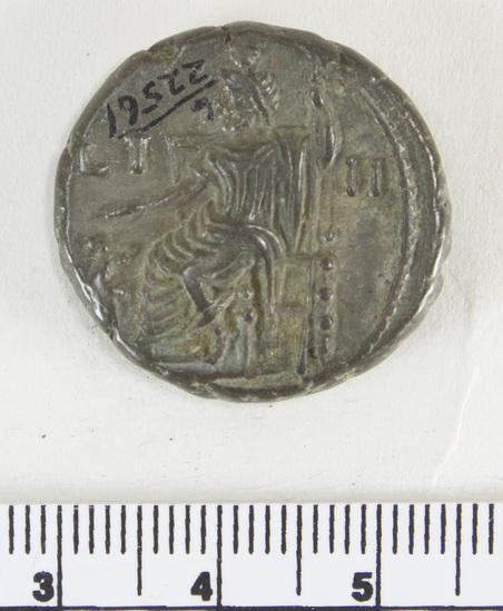 Hearst Museum object titled Coin: billon tetradrachm, accession number 6-22561, described as Head of Hadrian, r. laureate, wearing cloak and cuirass