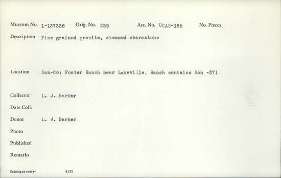 Documentation associated with Hearst Museum object titled Charmstone, accession number 1-137336, described as Fine-grained, granite charmstone, with stem.