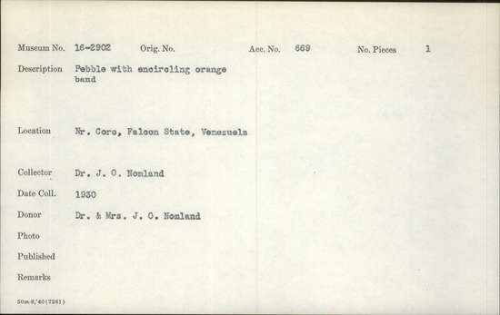 Documentation associated with Hearst Museum object titled Pebble, accession number 16-2902, described as Pebble with encircling orange band
