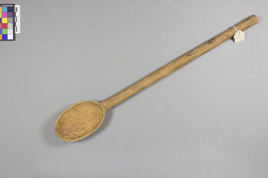 Hearst Museum object titled Spoon, accession number 5-3387, described as Spoon; wooden; undecorated; 18.25 inches long.