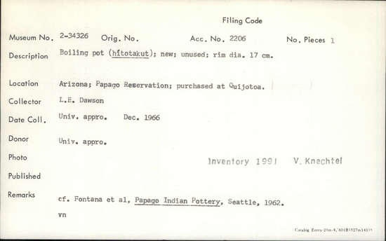 Documentation associated with Hearst Museum object titled Pot, accession number 2-34326, described as Boiling pot (hftotakut); New, unused; rim diameter 17 cm