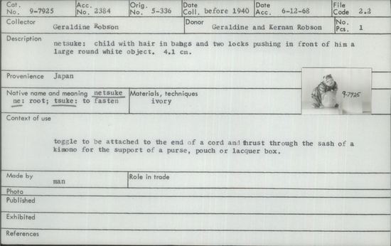 Documentation associated with Hearst Museum object titled Netsuke, accession number 9-7925, described as netsuke: child with hair in bangs and two locks pushing in front of him a large round white object. 4.1 cm.