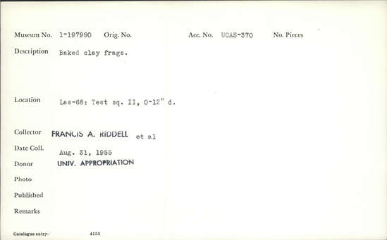 Documentation associated with Hearst Museum object titled Baked clay fragments, accession number 1-197990, described as Baked clay fragments.