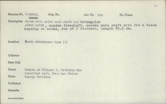 Documentation associated with Hearst Museum object titled Arrow, accession number 2-19405, described as Arrow with solid wood shaft and triangular glass point, wooden foreshaft, wooden main shaft with red and black banding at nocks. Row of 2 feathers.