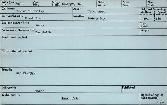 Documentation associated with Hearst Museum object titled Audio recording, accession number 24-2986, described as Awaze