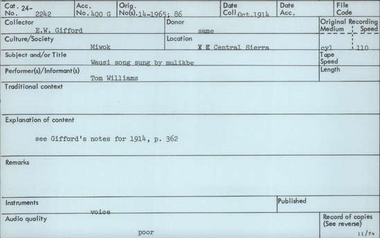 Documentation associated with Hearst Museum object titled Audio recording, accession number 24-2242, described as Wausi Song (sung by mulikbe)