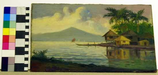 Hearst Museum object titled Oil painting, accession number 17-297, described as Houses and boats beside bay.