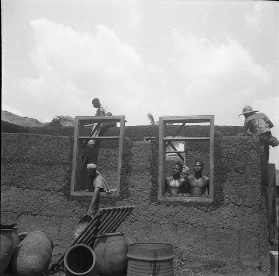 Hearst Museum object titled Black-and-white negative, accession number 15-30764, described as Black and white negative, 2.25'' Nigeria, Meko, House-building, 1951