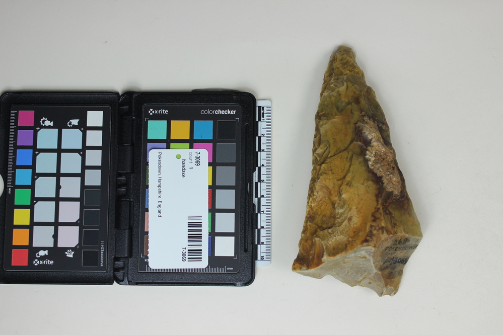 Hearst Museum object titled Handaxe, accession number 7-3069, described as Acheulean hand-axe (Ficron’ type)