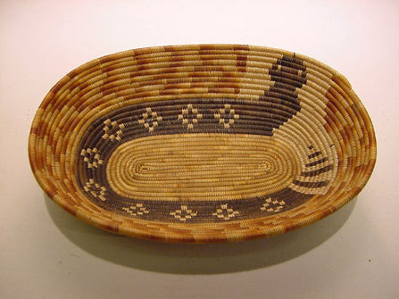 Hearst Museum object titled Basket, accession number 1-70208, described as Coiled, oval shape. Snake design.