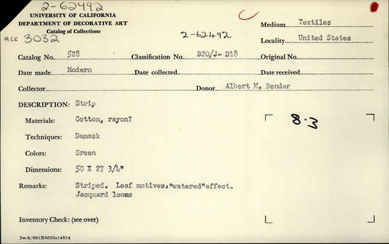 Documentation associated with Hearst Museum object titled Textile sample, accession number 2-62492, described as Strip; cotton, rayon?, damask, green, striped, leaf motives, “watered” effect, Jacquard looms