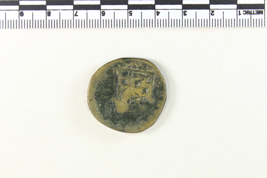 Hearst Museum object 6 of 8 titled Coin: æ, accession number 8-6266, described as Coin: AE; JULIA.SOAEMIAS - 19.92 grms. Obverse: IVLIA SOAE MIAS AVG - bust facing right, draped, diademed. Reverse: VEN[VS CAELESTIS], SC in ex - Venus (Greek: Aphrodite) seated l. holding apple & Sceptre: child at her feet