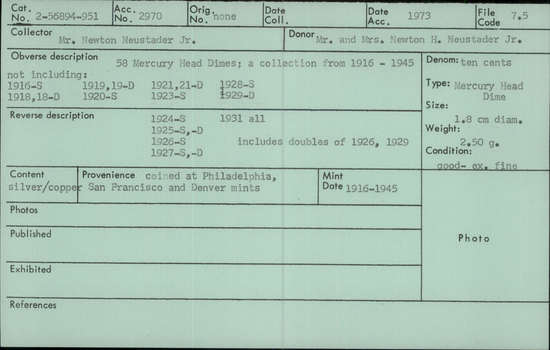 Documentation associated with Hearst Museum object titled Coin: silver 10 cent, accession number 2-56913, described as Mercury dime (Winged Liberty Head dime), 1929, minted in Philadelphia. Obverse:  LIBERTY / IN GOD WE TRUST / date - monogram "AM" - Liberty, head winged, facing left; Reverse: UNITED STATES OF AMERICA / ONE DIME / E PLURIBUS UNUM - Fasces and olive branch.