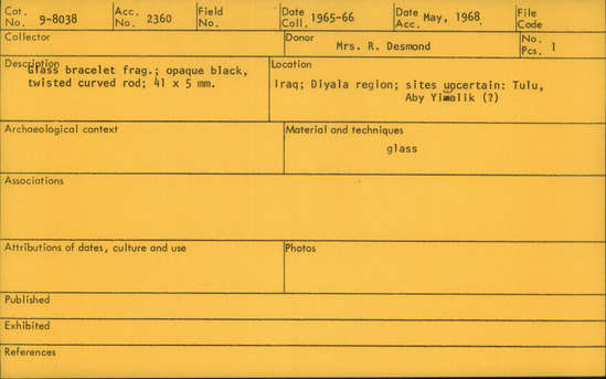 Documentation associated with Hearst Museum object titled Bracelet fragment, accession number 9-8038, described as Glass bracelet frag.; opaque black, twisted curved rod; 41 x 5 mm.