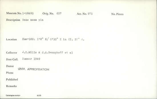 Documentation associated with Hearst Museum object titled Nose pin, accession number 1-98480, described as Bone