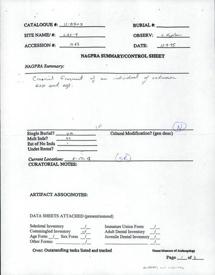 Documentation associated with Hearst Museum object titled Human remains, accession number 12-8503(0), no description available.