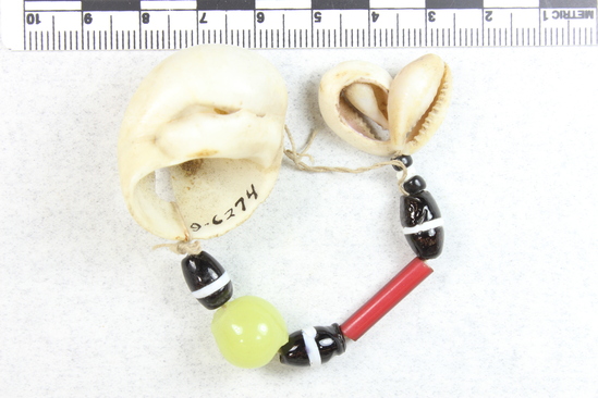 Hearst Museum object titled Bracelet, accession number 9-6274, described as Bead and shell pendant; 3 black and white barrel-shaped; one round yellow  bead; one tubular red bead; 2 cowry shells and one large snail shell.