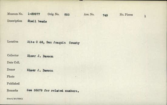 Documentation associated with Hearst Museum object titled Beads, accession number 1-59977, described as Shell.