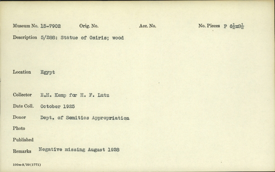 Documentation associated with Hearst Museum object titled Black-and-white negative, accession number 15-7902, described as 5/288: statue of Osiris; wood