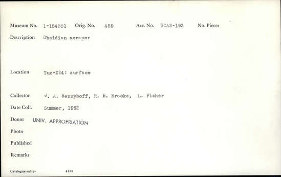 Documentation associated with Hearst Museum object titled Scrapers, accession number 1-154301, described as Obsidian scraper