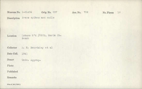 Documentation associated with Hearst Museum object titled Spikes and nails, accession number 1-61424, described as Spikes and nails made of brass. 18 is the object count of record, only 17 found during inventory in 2009. Notice: Image restricted due to its potentially sensitive nature. Contact Museum to request access.