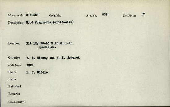 Documentation associated with Hearst Museum object titled Wood fragments, accession number 2-12355, described as Artifacts?