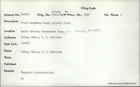 Documentation associated with Hearst Museum object titled Handaxe, accession number 5-3127, described as Chert handaxe; heavy primary flake