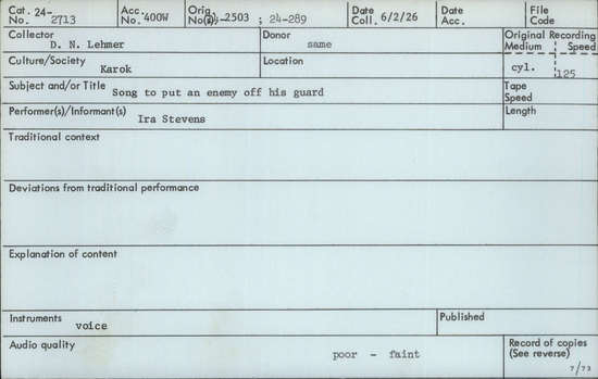 Documentation associated with Hearst Museum object titled Audio recording, accession number 24-2713, described as Song to put an enemy off his guard