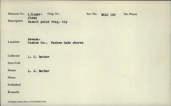 Documentation associated with Hearst Museum object titled Point, accession number 2-21887, described as Basalt point fragment tip