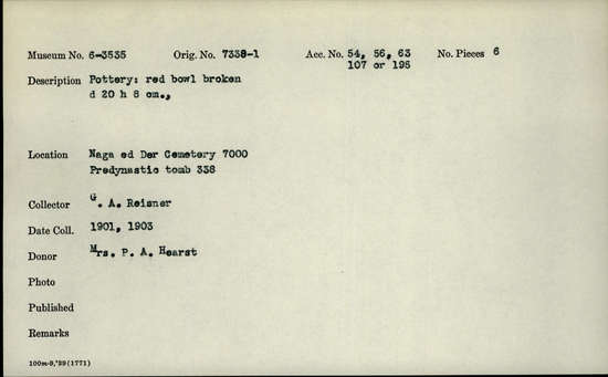 Documentation associated with Hearst Museum object titled Broken bowl, accession number 6-3535, described as Pottery, red bowl, broken; diameter 20 cm, height 8 cm