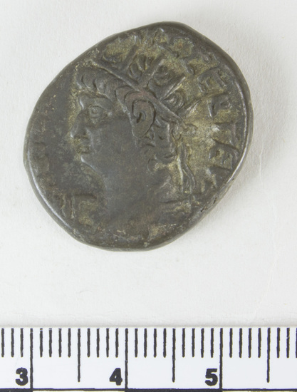 Hearst Museum object 7 of 10 titled Coin: billon tetradrachm, accession number 6-22575, described as head of Nero, left. radiate