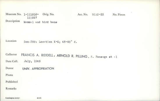 Documentation associated with Hearst Museum object titled Faunal remains, accession number 1-111939, described as Mammal and bird.