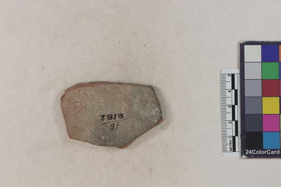 Hearst Museum object titled Potsherd, accession number 16-8182, described as Potsherd: body, white slip Section of Manta on beach currently inhabited. Numbers  8111 to 8194 are sherds picked up on beach at low tide.