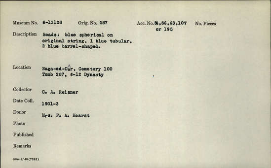 Documentation associated with Hearst Museum object titled Beads, accession number 6-13128, described as Beads: blue spherical on original string, 1 blue tubular, 2 blue barrel-shaped. [inv.: Two biconical beads, one cylindrical bead, 21 ball beads]