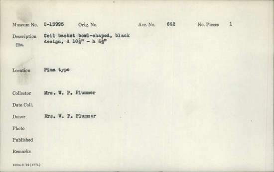 Documentation associated with Hearst Museum object titled Bowl basket, accession number 2-13995, described as Coil. Bowl shaped, black design.