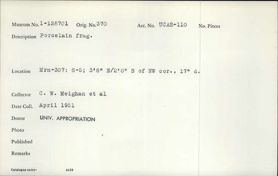 Documentation associated with Hearst Museum object titled Porcelain, accession number 1-128701, described as Porcelain fragment. Notice: Image restricted due to its potentially sensitive nature. Contact Museum to request access.