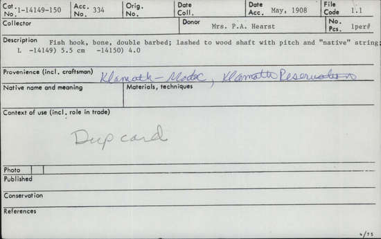 Documentation associated with Hearst Museum object titled Fishhook, accession number 1-14150, described as Double-barbed fishhook of bone, fastened together with pitch, native string.