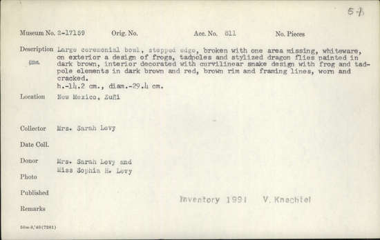 Documentation associated with Hearst Museum object titled Bowl, accession number 2-17159, described as Large, stepped edge, broken with one area missing, whiteware, on exterior a design of frogs, tadpoles and stylized dragonflies painted in dark brown, interior decorated with curvilinar snake design with frog and tadpole elements in dark brown and red, brown rim and framing lines, worn and cracked.