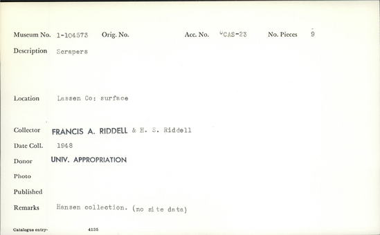 Documentation associated with Hearst Museum object titled Scrapers, accession number 1-104573, described as Scrapers.