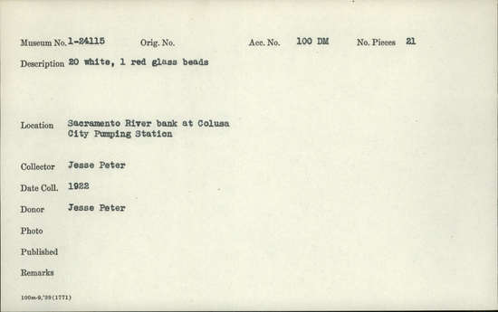 Documentation associated with Hearst Museum object titled Beads, accession number 1-24115, described as 20 white, 1 red glass beads
