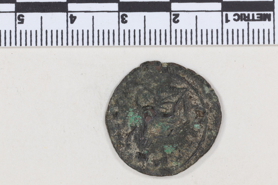 Hearst Museum object 7 of 8 titled Coin: æ, accession number 8-6385, described as Coin: Æ (AR?); Aurelian - 3.82 grms. Obverse: IMP AVRELIANVS AVG - Bust facing right radiate. Reverse: FORTVNA REDVX - Fortuna seated facing left holding rudder and cornucopiae.