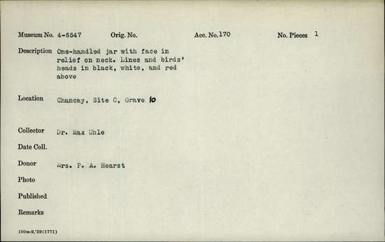 Documentation associated with Hearst Museum object titled Jar, accession number 4-6547, no description available.