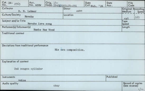 Documentation associated with Hearst Museum object titled Audio recording, accession number 24-2763, described as Navajo Love Song