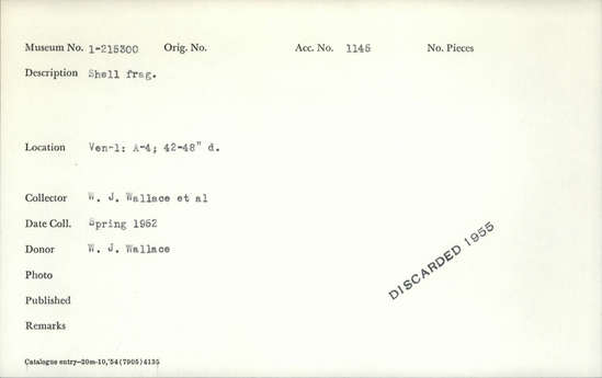 Documentation associated with Hearst Museum object titled Shell fragment, accession number 1-215300, described as Shell fragment