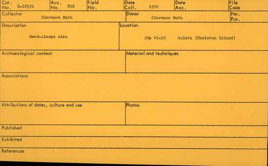 Documentation associated with Hearst Museum object titled Bead, accession number L-12591, described as Bead- large size