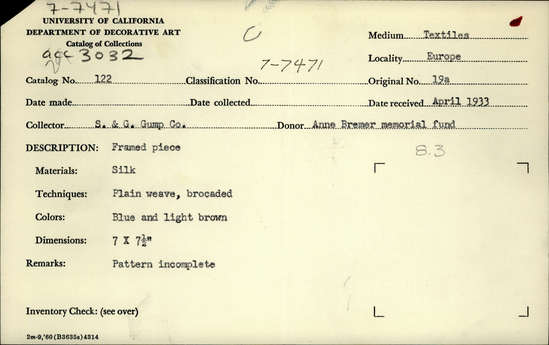 Documentation associated with Hearst Museum object titled Textile sample, accession number 7-7471, described as Description: Framed piece. Silk, plain weave, brocaded. Blue and light brown. 7 inches x 7 1/2 inches. Pattern incomplete.