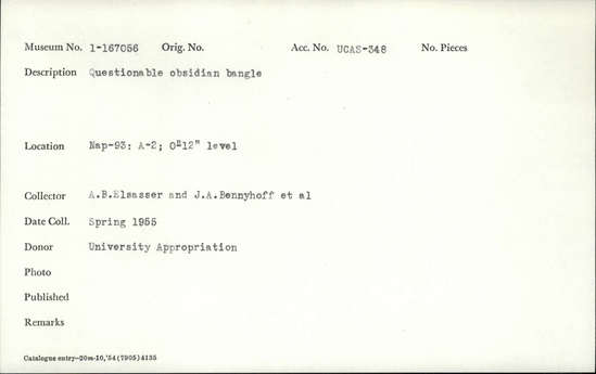 Documentation associated with Hearst Museum object titled Bangle, accession number 1-167056, described as Questionable obsidian bangle.