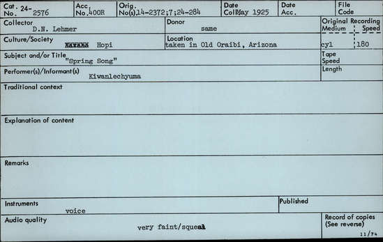 Documentation associated with Hearst Museum object titled Audio recording, accession number 24-2576, described as Spring Song